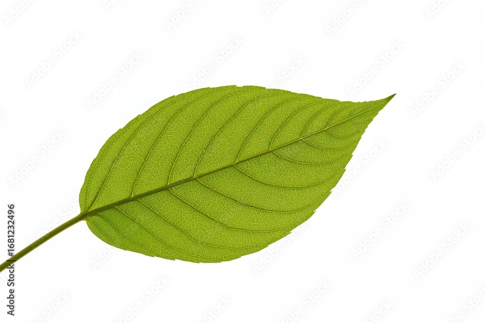 Fototapeta premium A single green leaf from a flower, displayed on a clear white backdrop, forms a stunning and solitary picture from the natural world.