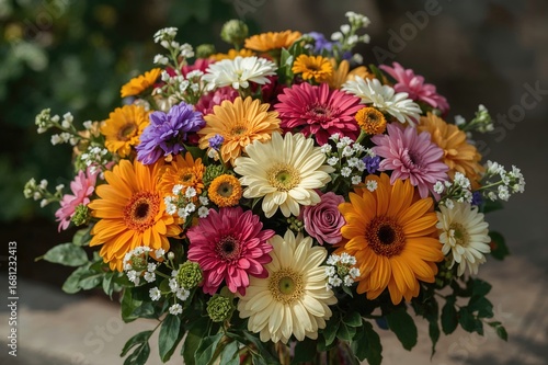 Vibrant summer flower arrangement with diverse colors captured outside.