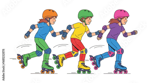 Roller Skating Trio: Three individuals, each adorned in vibrant safety gear, glide smoothly across a solid plane, embodying the thrill of roller skating and camaraderie