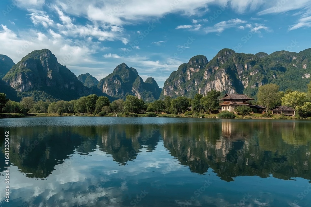 Naklejka premium A peaceful body of water reflects towering limestone peaks and a classic dwelling beneath an expansive azure sky, showcasing serene natural surroundings and distinctive geological features.