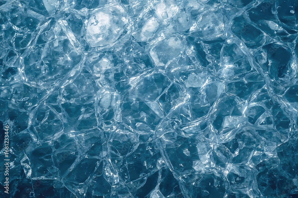 Obraz premium Winter ice surface displaying polygonal pattern textures. Blue natural frozen background.