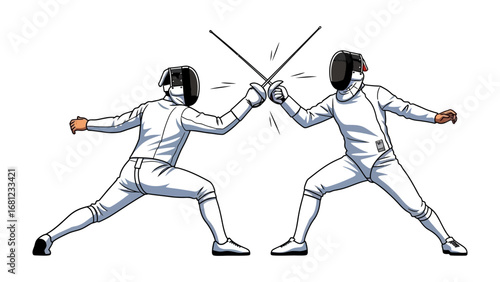 Duel of the Blades: Two fencers, clad in protective gear, engage in a spirited bout, their sabers crossing in a dynamic display of skill and precision, captured in this digitally crafted illustration.