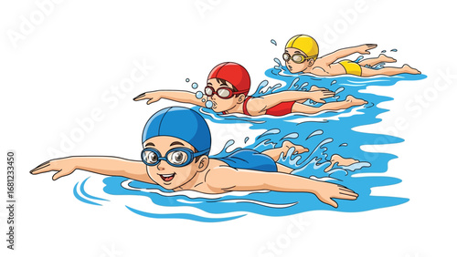 Racing Stroke: Animated illustration capturing the essence of competitive swimming, showcasing swimmers in action, propelling themselves through the water with determination.