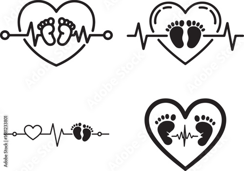 Baby Footprints Heartbeat Line Art Icons cardiogram