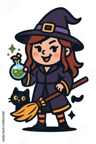 Cute witch girl with broomstick, cat, and potion
