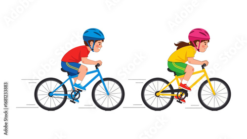 Cycling Adventures: A dynamic illustration of two kids on bicycles, set against a plain background. showcasing outdoor fun and recreational cycling with motion blur effects.