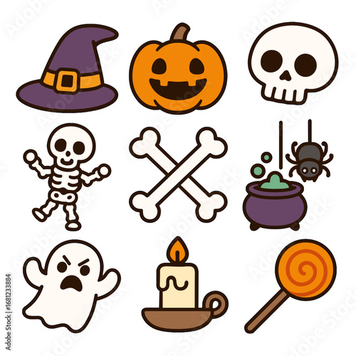 Halloween doodle icons pumpkin, ghost, skeleton, and candy