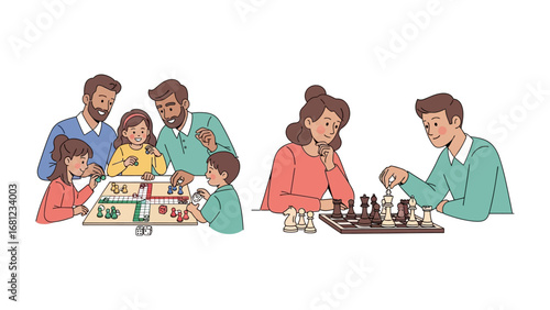Leisure Time Together: Two scenes depict familial units engrossed in leisurely board games and strategic chess, respectively, accentuating familial connections and convivial interaction.