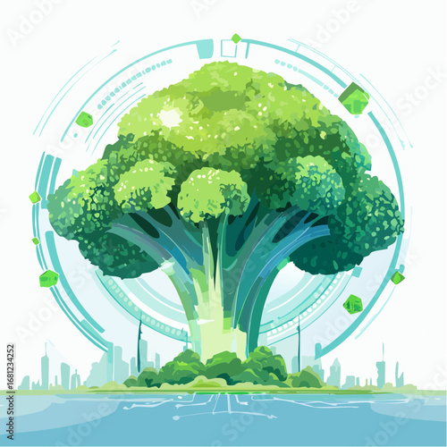 Giant Green Broccoli Tree in a Futuristic Cityscape