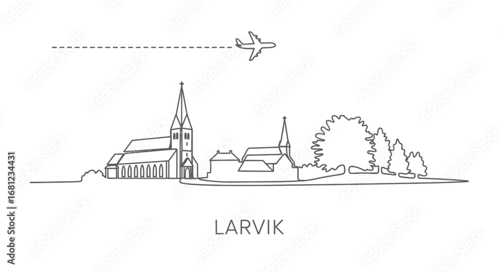 Fototapeta premium Larvik, Norway Skyline Line Art with Airplane