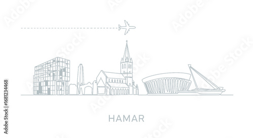 Hamar Norway Skyline Line Art with Airplane