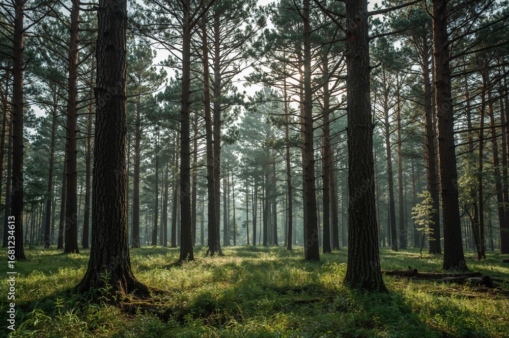 Fototapeta premium Lofty pine trees standing in a forest during mid-spring.