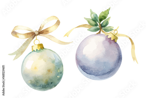 Watercolor Christmas Ornaments with Gold Ribbon and Greenery