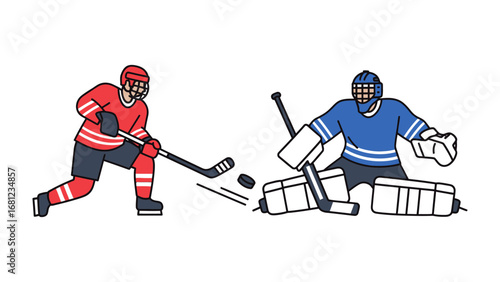 Hockey Showdown: A vibrant illustration showcases the dynamic action of a hockey match, with a player in red poised to shoot against the goalkeeper.