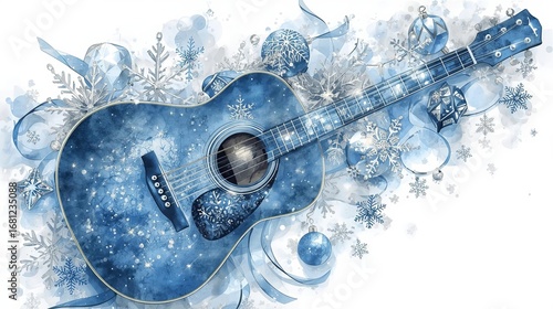 watercolor winter christmas acoustic guitar with snowflakes