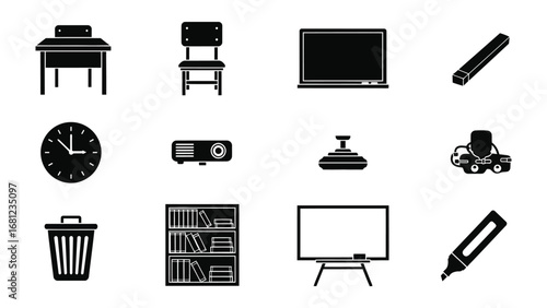 Office Icons Silhouettes: A collection of meticulously crafted office and school supply icons, depicted in classic black and white with intricate details
