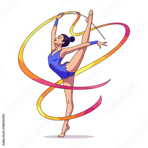 Artistic Elegance in Motion: Captivating digital illustration of a female gymnast poised in a dynamic pose. She is gracefully wielding a flowing ribbon in a symphony of movement.