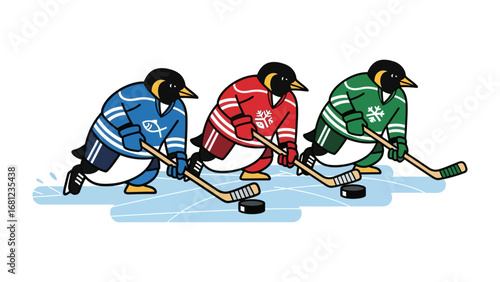 Penguin Hockey Showdown: An illustration of penguins engaged in an ice hockey match, showcasing vibrant colors and dynamic motion against a crisp background.