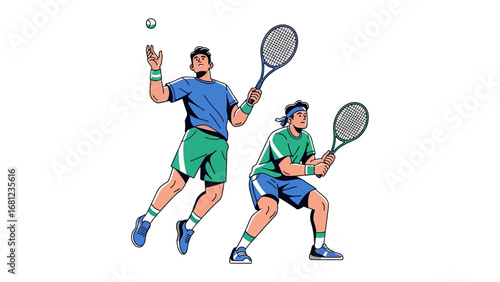 Tennis Duo: Two athletes engage in an animated display of athleticism and competition on a bright day. Dynamic action shot of tennis play, with one player serving a ball, the other ready to receive.