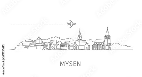 Mysen Norway Skyline Line Art with Airplane