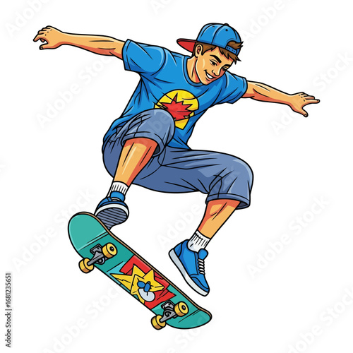 Dynamic Skateboarding Action: A skilled skateboarder, captured in mid-air, executes a gravity-defying trick with a vibrant burst of energy and focus. 