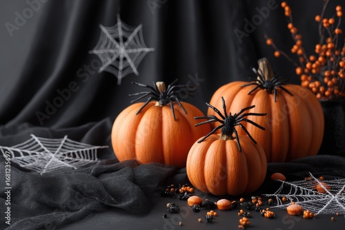 Three orange pumpkins decorated with black spiders and webs, set against a dark backdrop of black fabric, creating a spooky Halloween scene.