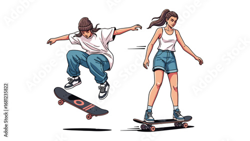 Skateboarders in Action: Two young skateboarders showcase their skills, one performing an aerial trick, the other gracefully gliding on the board in a vibrant display of movement and urban energy.