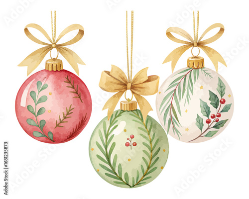 Watercolor Christmas Ornaments with Gold Ribbon and Greenery