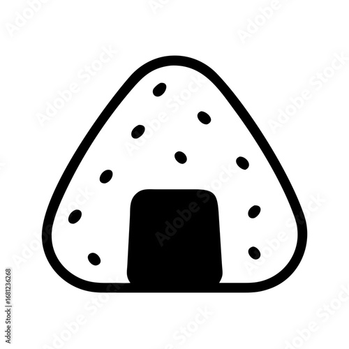 Simple black and white icon of a triangular onigiri rice ball with scattered seeds