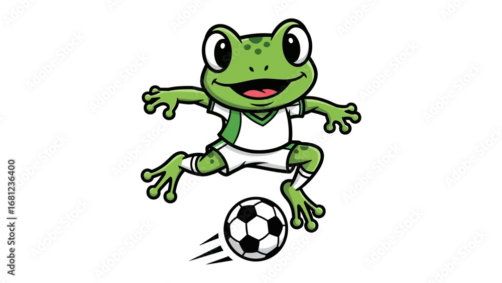 Fototapeta premium Frog Kicking Soccer Ball: A cheerful frog in a sporty outfit executes a dynamic kick with a soccer ball, embodying the joy and energy of sport.