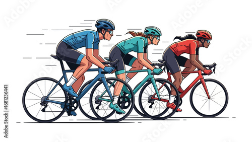 Velocity on Wheels: Three cyclists, clad in vibrant gear, race with dynamic energy against a blurred backdrop, symbolizing speed, competition, and athleticism.