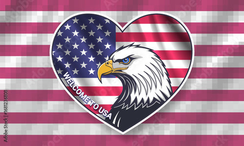 Vector sticker or icon, heart. I love USA. Cartoon head of brutal bald eagle, wavy national flag of US. Welcome to United States of America. Bird. Pixel striped background
