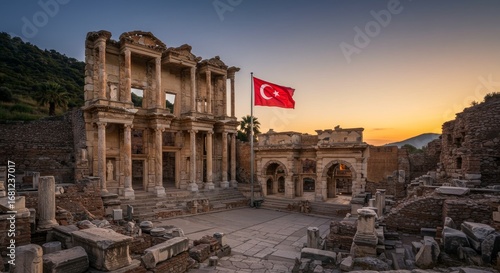 Ancient Ephesus ruins with Turkish flag at golden sunset.