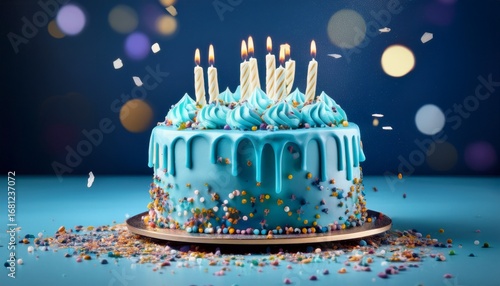 blue birthday cake with sprinkles and confetti