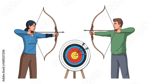 Precision Target: A pair of archers with bows and arrows aiming for the bullseye. This illustrates the pursuit of goals with focus, precision, and skill.