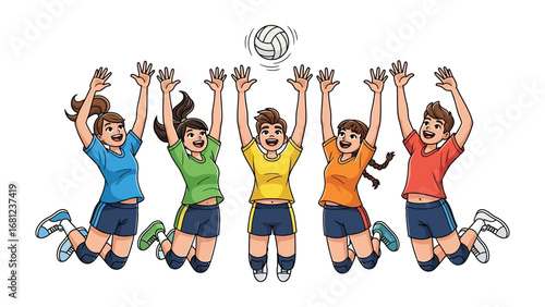 Volleyball Action:  A dynamic group leaps for a volleyball, showcasing teamwork, movement, and the thrill of athletic competition. The image captures a moment of action.