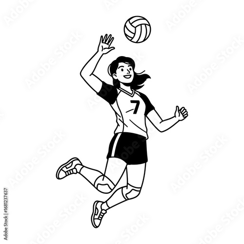 Volleyball Player in Action: A dynamic illustration depicts a volleyball player in mid-air, poised to spike the ball with athletic prowess, showcasing energy and movement.