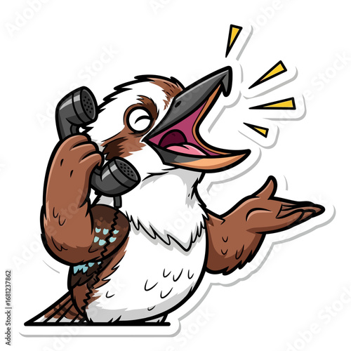 Kookaburra on the Phone: A cheerful kookaburra bird animatedly chatters on the telephone, its beak wide open in a comical display. This illustration is full of playful and humorous energy.
