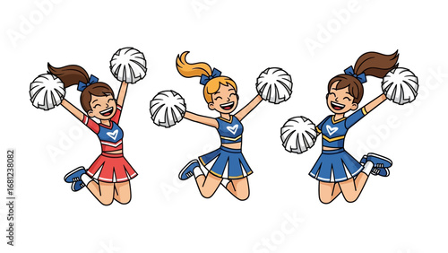 Cheerleaders' Cheer and Dance: Energetic cheerleaders, jumping joyfully, with pom-poms held high, embodying team spirit and performance.