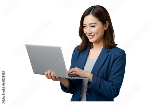 Smiling asian woman working on a laptop isolated on transparent background