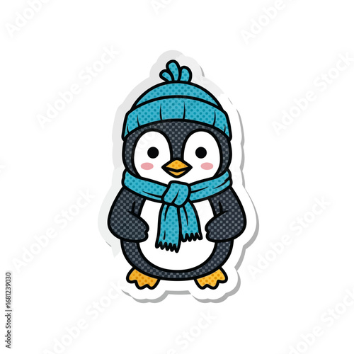 Charming Penguin in Winter Attire: A cute penguin stands in full view, adorned with a stylish hat and scarf, bringing a touch of winter cheer with its adorable appearance.