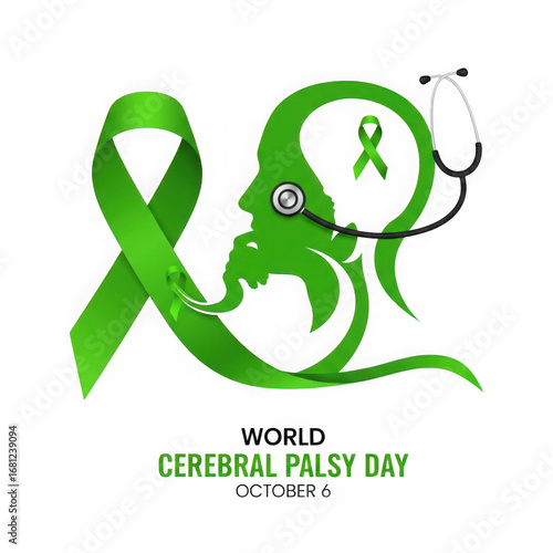 Green ribbon and human head silhouette symbolizing cerebral palsy awareness and medical support isolated on transparent background