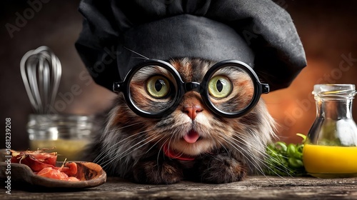 An adorable and clever-looking ginger cat, complete with a chef's hat and large round glasses, peers curiously over a rustic kitchen counter. Surrounded by jars of spices, this feline culinary artist 