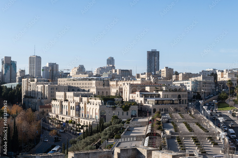 Fototapeta premium View of the Mamilla neighborhood of Jerusalem, with the landmark Alrov Mamilla Avenue shopping mall, the upscale Mamilla Hotel,