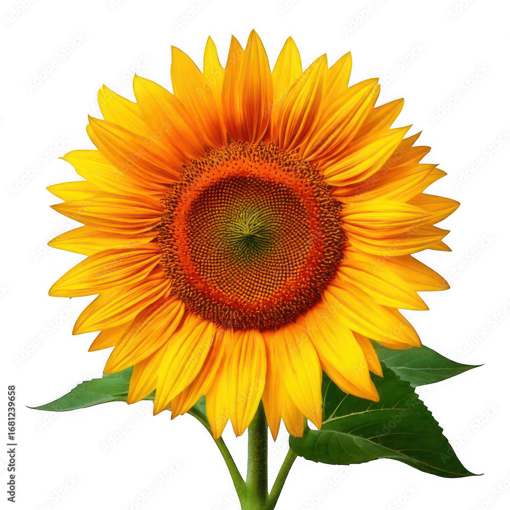 Naklejka premium Sunflower with leaves, isolated on white and transparent background.