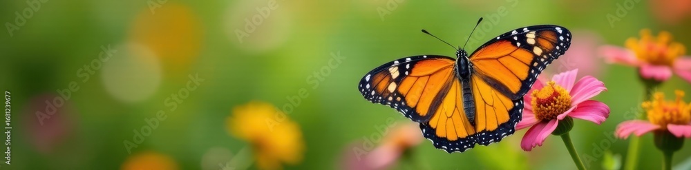 Fototapeta premium Vibrant monarch butterfly on wildflowers, wings outstretched, leaf, flower, fauna