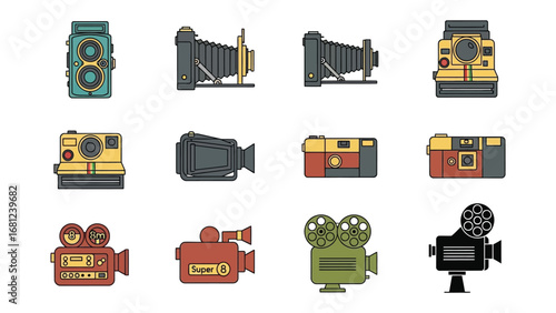 Vintage Camera Collection: A vibrant assortment of vintage cameras, each a unique piece of photographic history, arranged with precision, showcasing diverse designs from various eras.