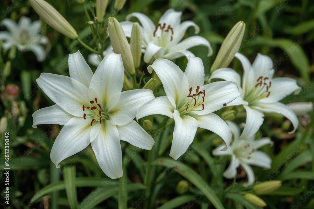 Fototapeta premium Blooming white lilies in a garden setting