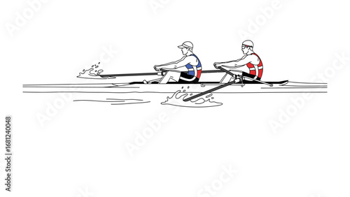 Dynamic Duo: Two determined rowers, perfectly synchronized, carve through the water in their sleek boat, illustrating the essence of teamwork, dedication, and the thrill of the race.