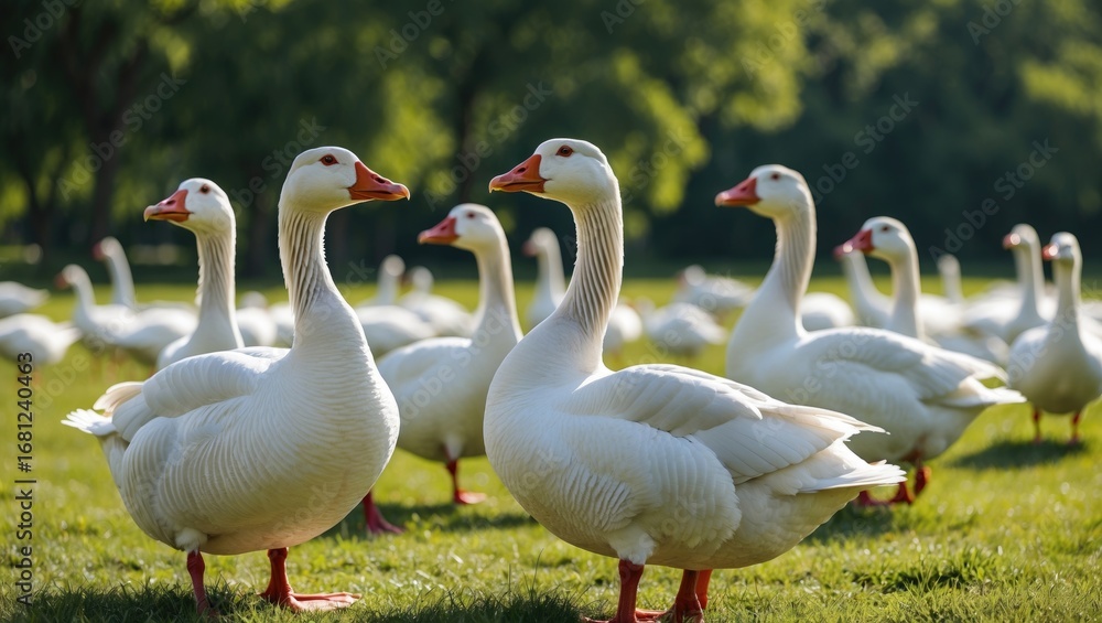 Obraz premium White geese roaming in a lush summer park